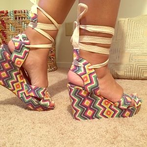Open toe Aztec fun print wedges
